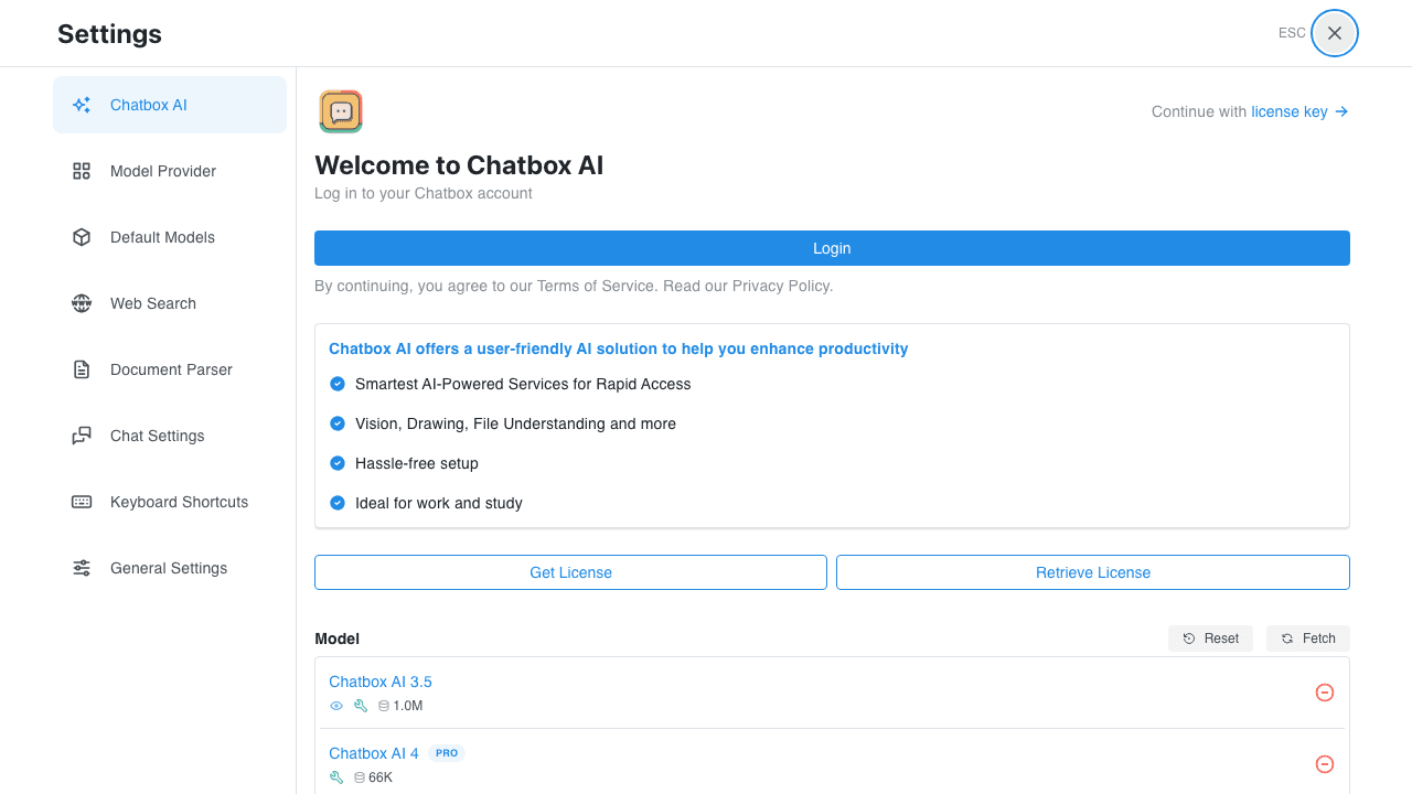 Chatbox AI Settings Page (Desktop)